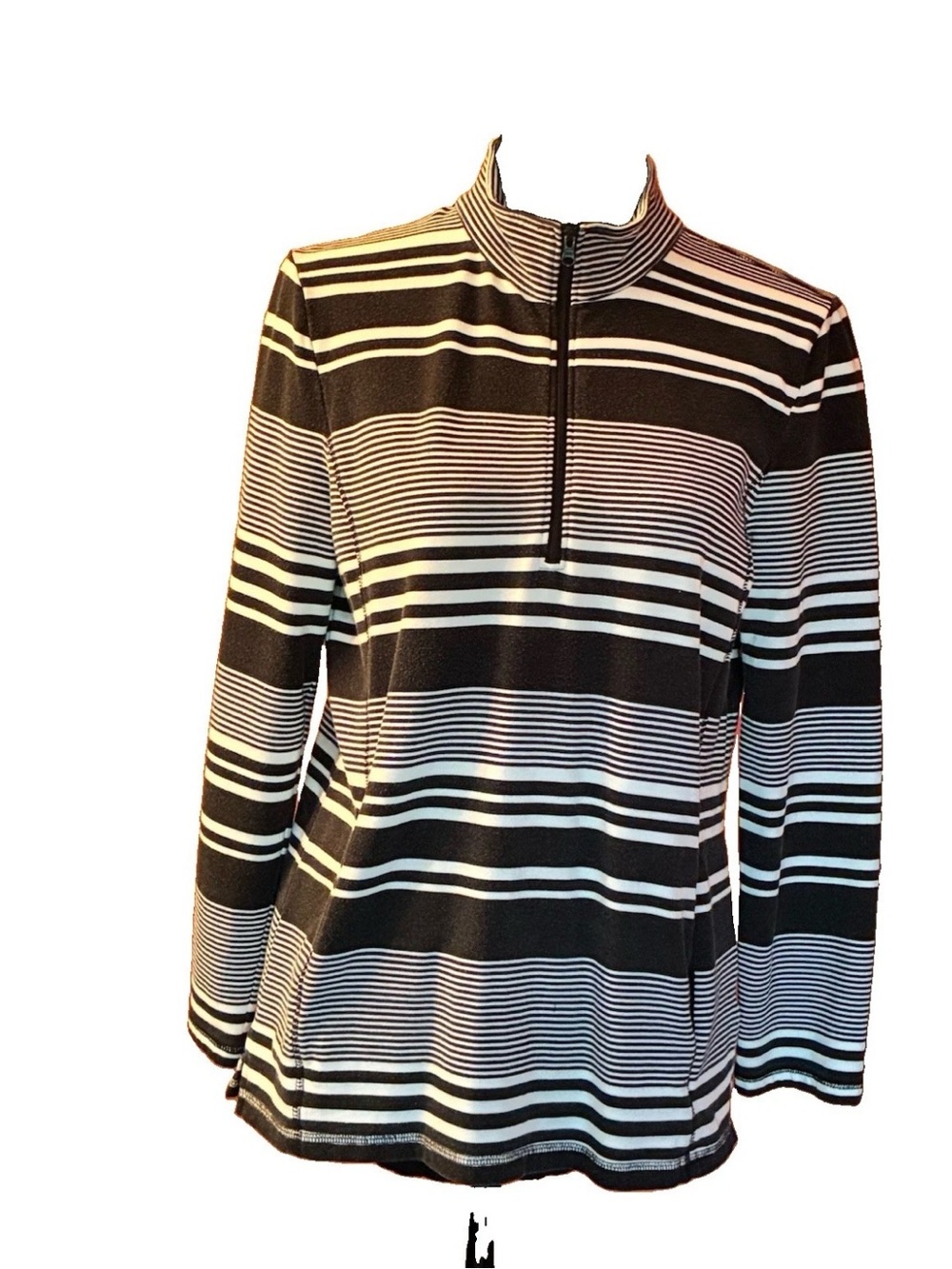 T by Talbots 1/4 Zip Stretch Black & Striped Pullover w Kangaroo Pocket, Sz MP